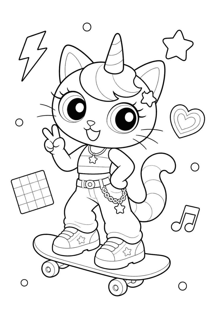Unicorn Cat Skateboarding with a Peace Sign