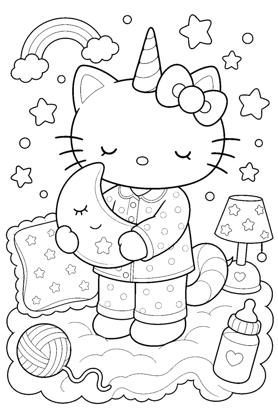 Unicorn Kitty Hugging a Crescent Moon Pillow
