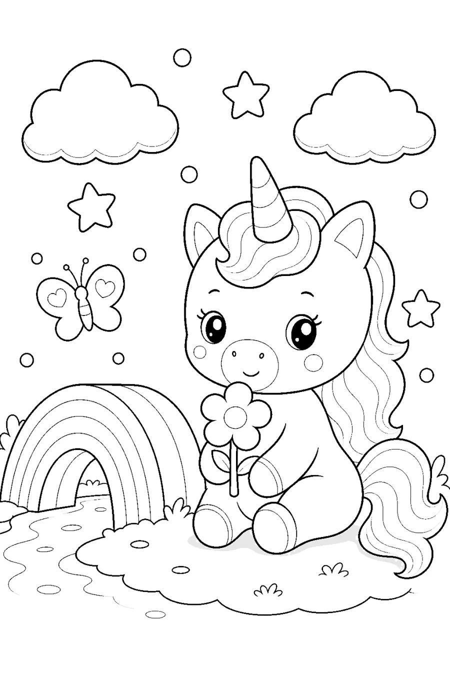 Unicorn Sitting by a Small Rainbow