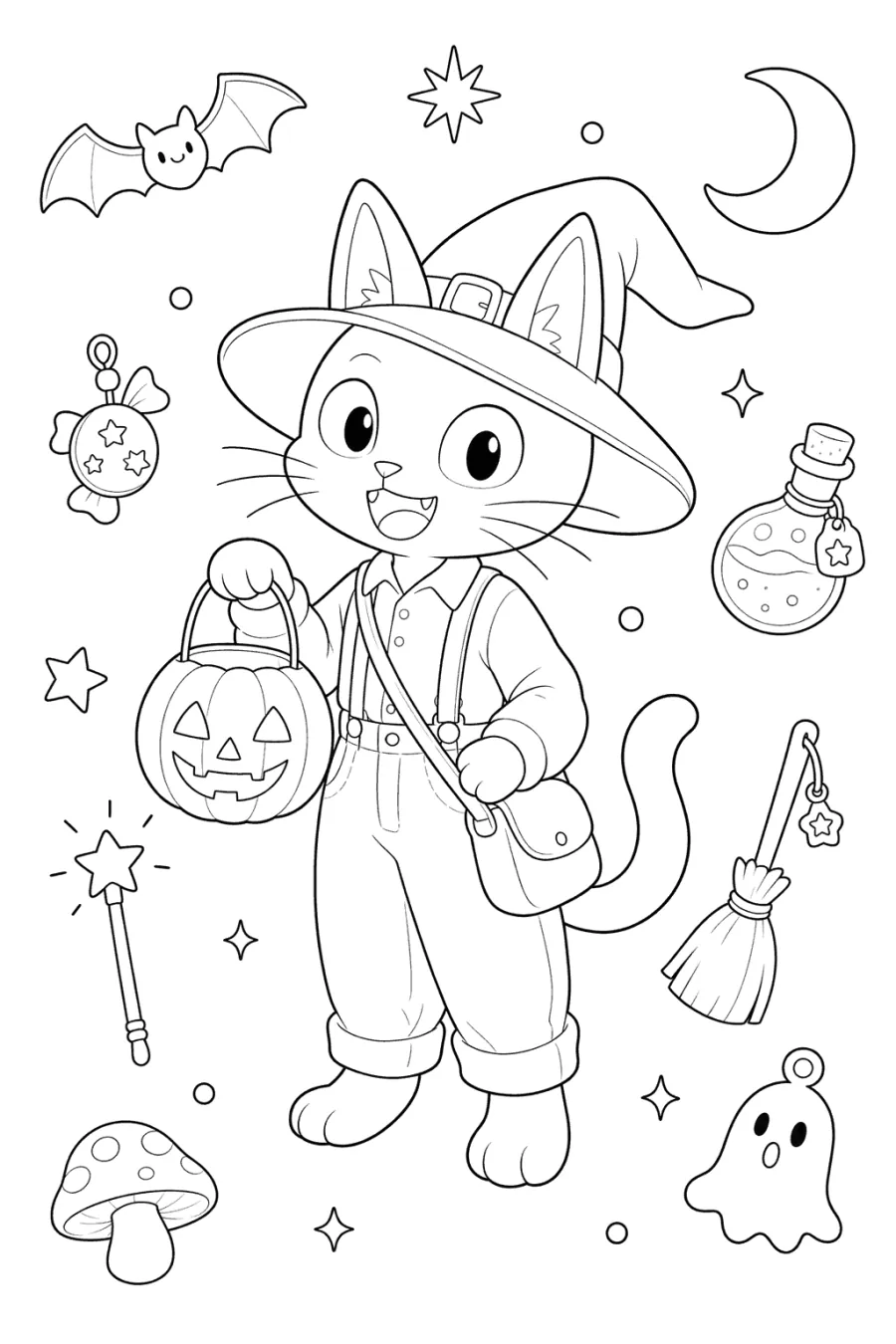 Witch Cat Holding a Pumpkin Basket