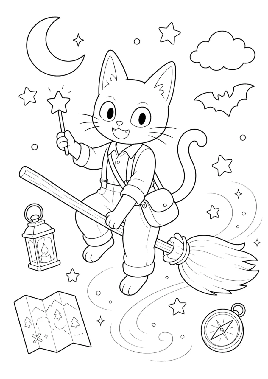 Witch Cat Riding a Broomstick