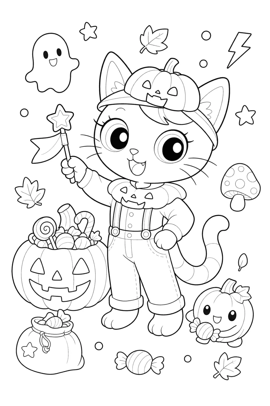 Witch Cat with a Pumpkin Candy Bucket