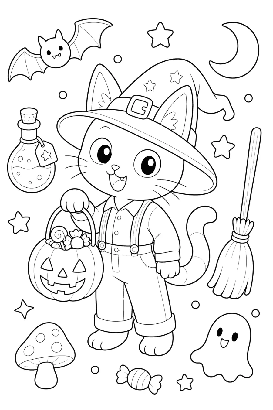 Witch Cat with a Pumpkin Pail
