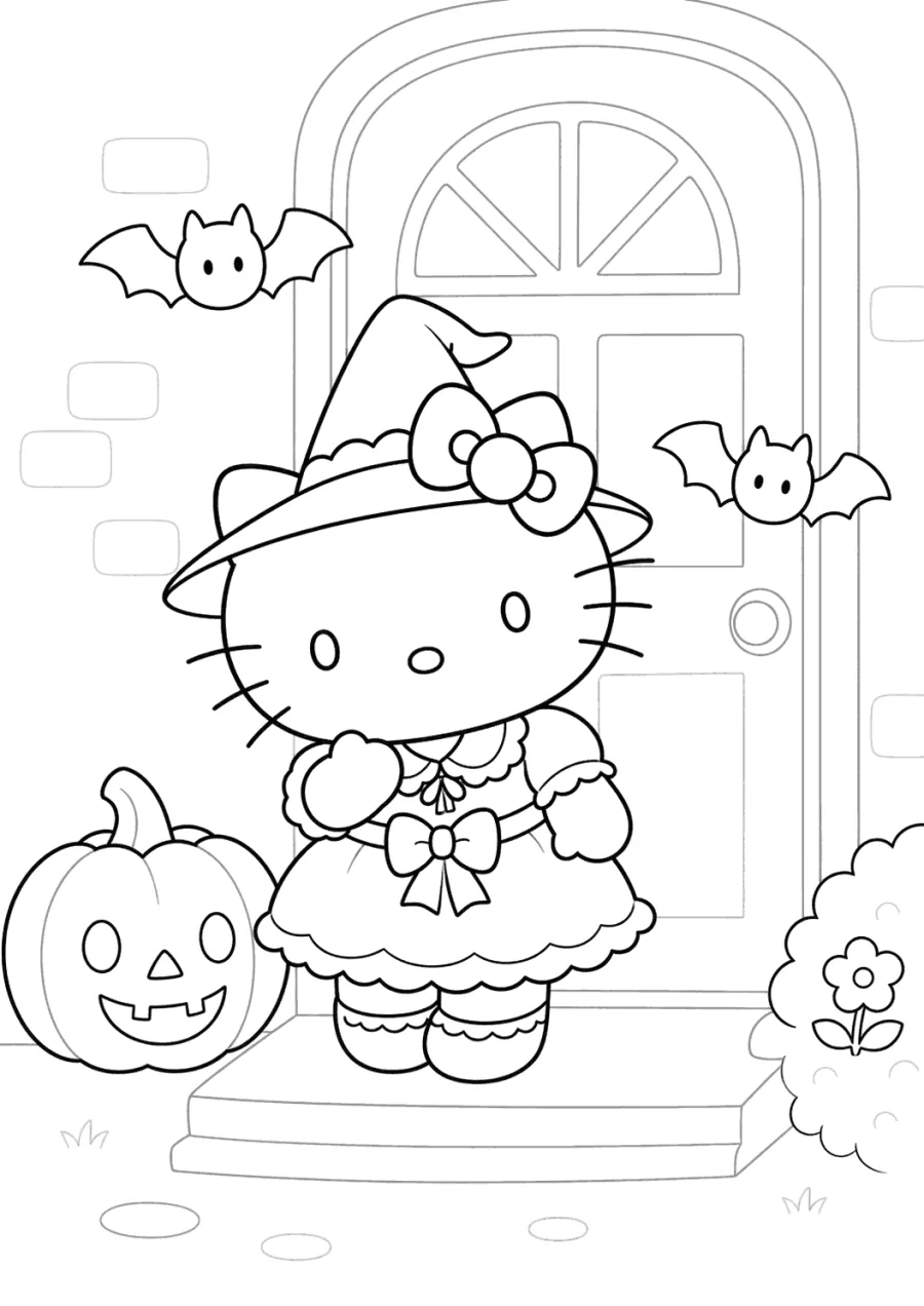 Witch Hello Kitty on a Bat Doorstep