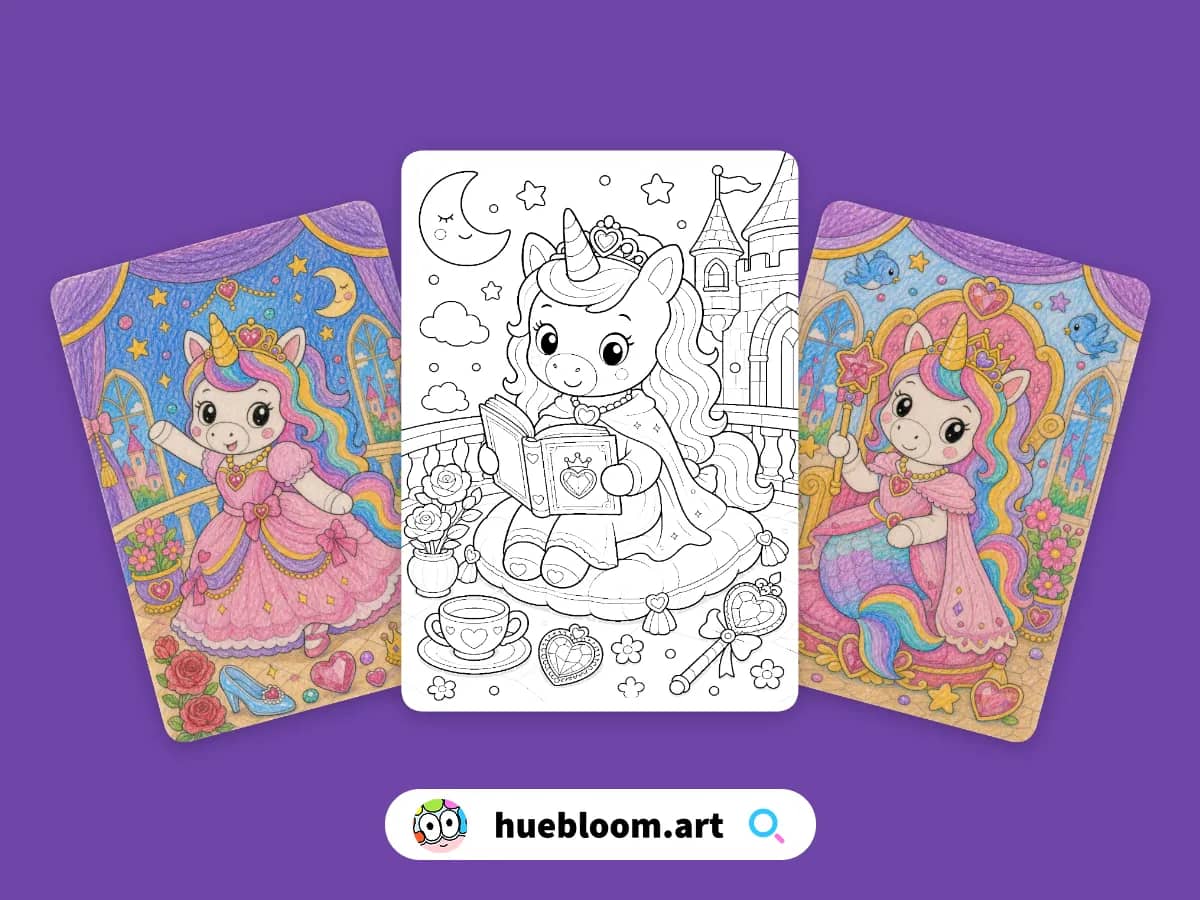 Princess and Unicorn coloring pages preview