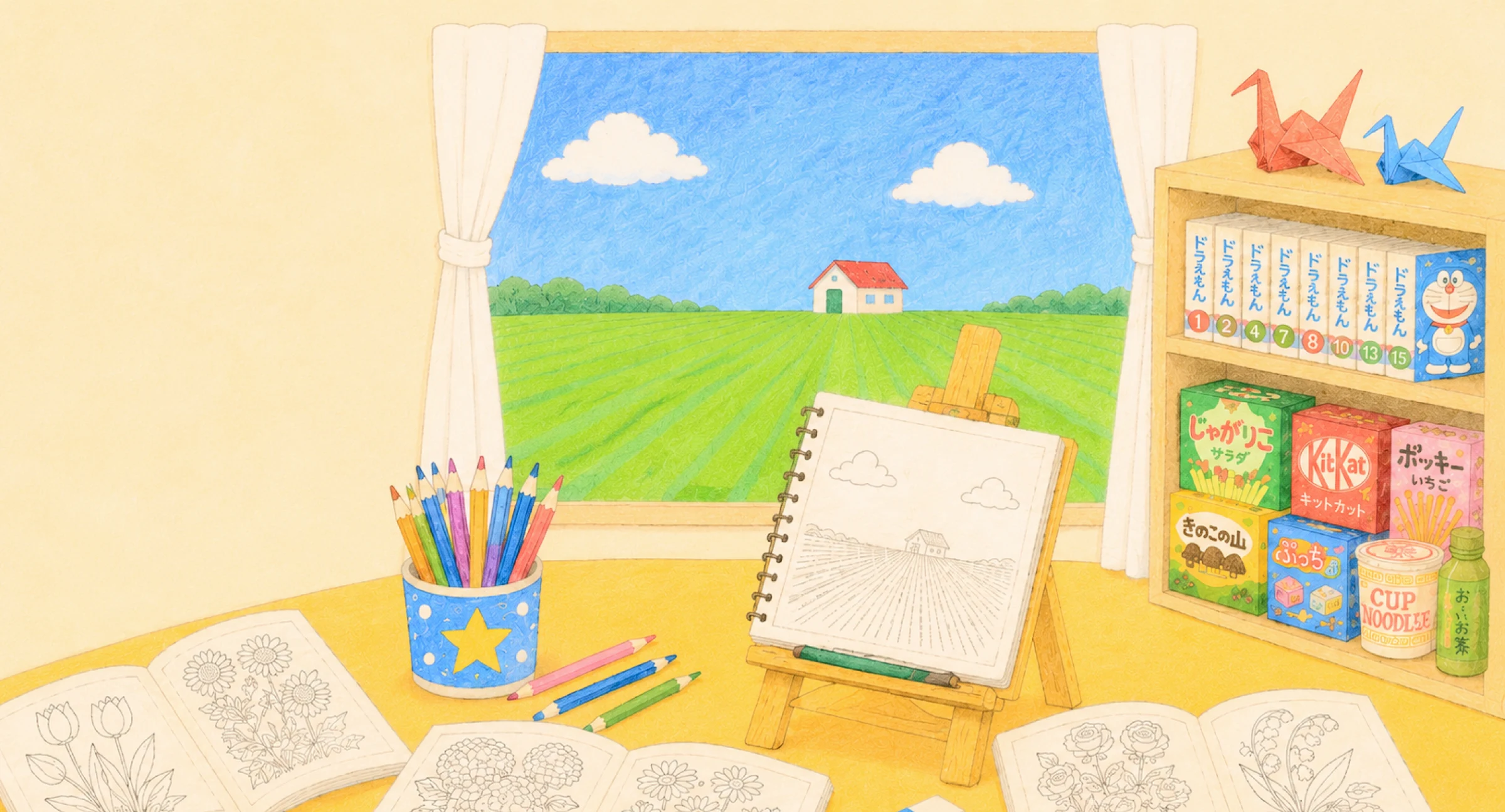 Cozy art room with colored pencils, open coloring books, a coloring page on an easel, and a shelf of books and snacks